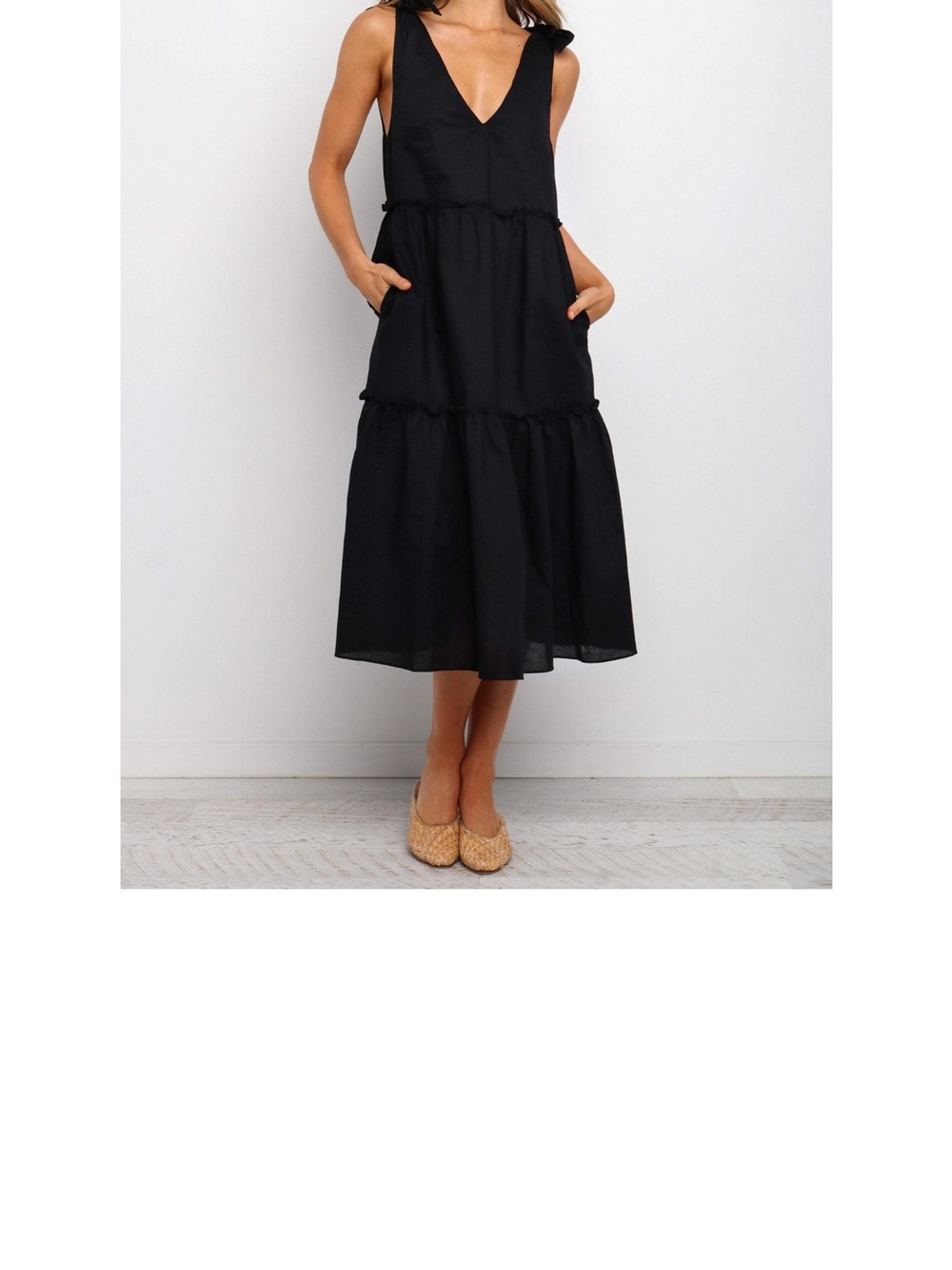 Petal and Pup Tiered V-Neck Tie-Shoulder Black Midi Dress - Picture 4 of 5